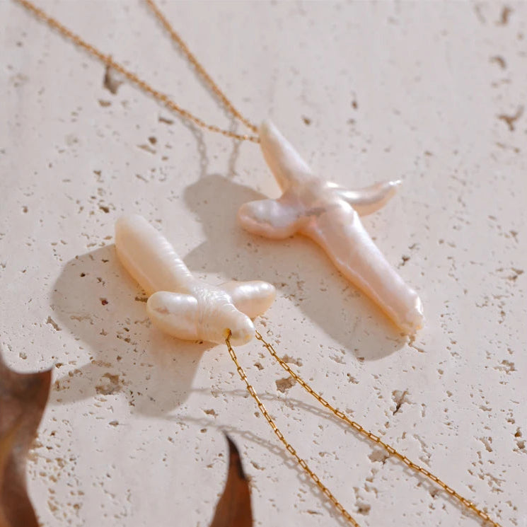 Peral cross necklace-shell necklace-pearl necklace-cross pearl pendant-shell jewelry-gold necklace