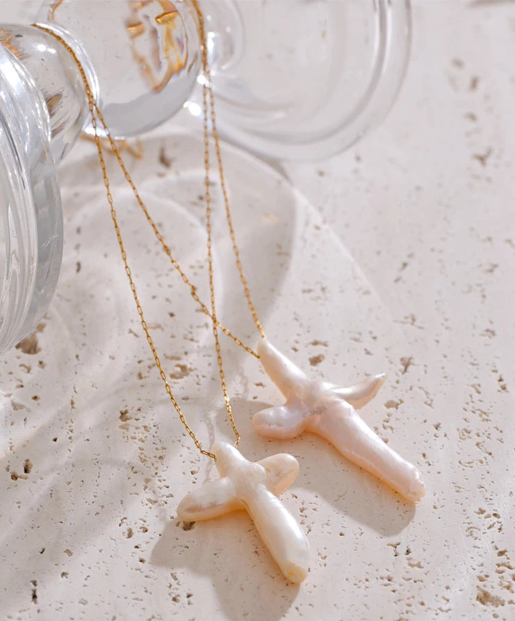 Peral cross necklace-shell necklace-pearl necklace-cross pearl pendant-shell jewelry-gold necklace