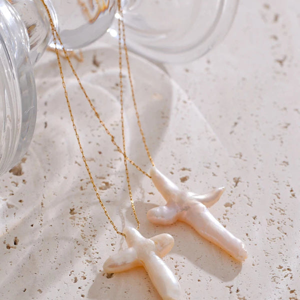 Peral cross necklace-shell necklace-pearl necklace-cross pearl pendant-shell jewelry-gold necklace