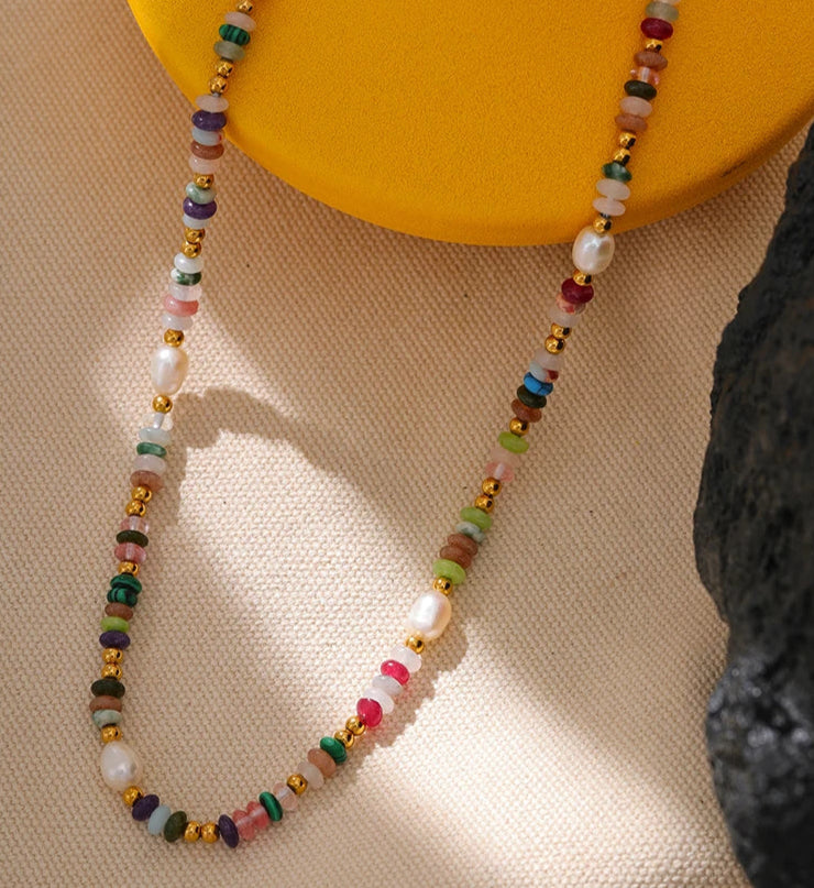 Boho-Spirit_Rainbow_Pearl_Necklace_model-rainbow shell necklace-shell necklace-peal boho necklace-ocean stone necklace