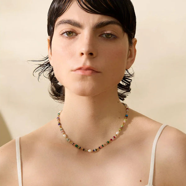 Boho-Spirit_Rainbow_Pearl_Necklace_model-rainbow shell necklace-shell necklace-peal boho necklace-ocean stone necklace