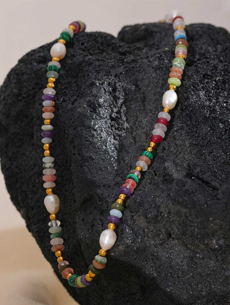 Boho-Spirit_Rainbow_Pearl_Necklace_model-rainbow shell necklace-shell necklace-peal boho necklace-ocean stone necklace