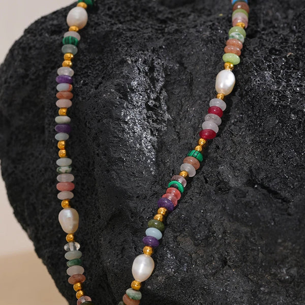 Boho-Spirit_Rainbow_Pearl_Necklace_model-rainbow shell necklace-shell necklace-peal boho necklace-ocean stone necklace