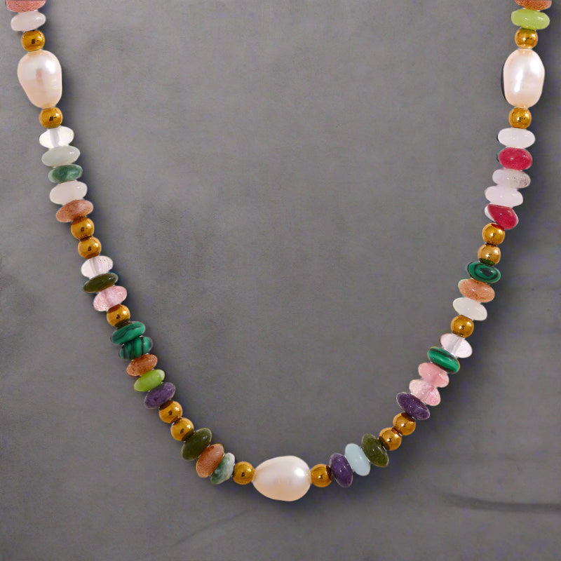 Boho-Spirit_Rainbow_Pearl_Necklace_model-rainbow shell necklace-shell necklace-peal boho necklace-ocean stone necklace