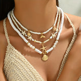 Boho Chic Starfish & Pearl Layered Choker Necklace-shell jewelry-boho style-beach outfit-boho chic style-bohemian jewelry-coastal look-beach style