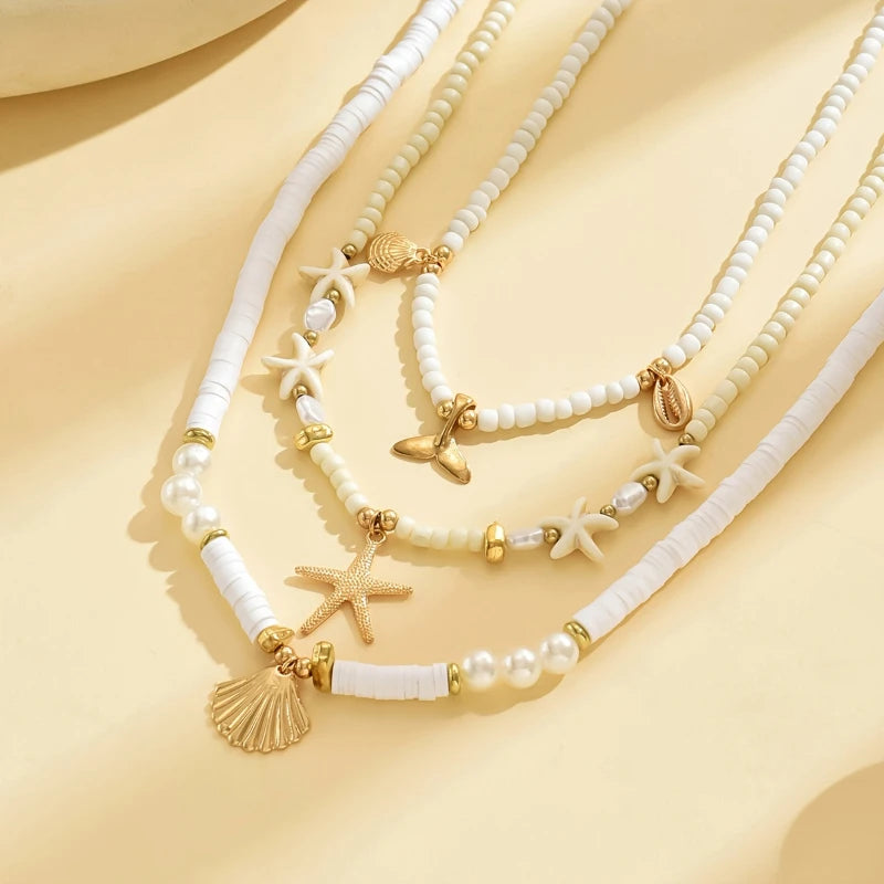 Boho Chic Starfish & Pearl Layered Choker Necklace-shell jewelry-boho style-beach outfit-boho chic style-bohemian jewelry-coastal look-beach style
