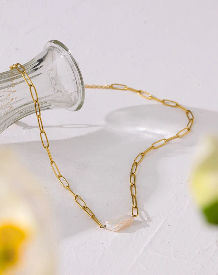 Bold Baroque pearl link necklace-pearl necklace-bold chain necklace-shell jewelry-shell necklace-