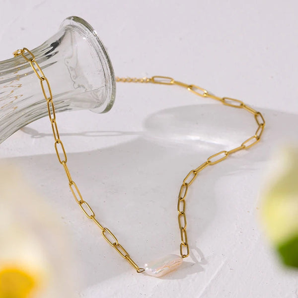 Bold Baroque pearl link necklace-pearl necklace-bold chain necklace-shell jewelry-shell necklace-