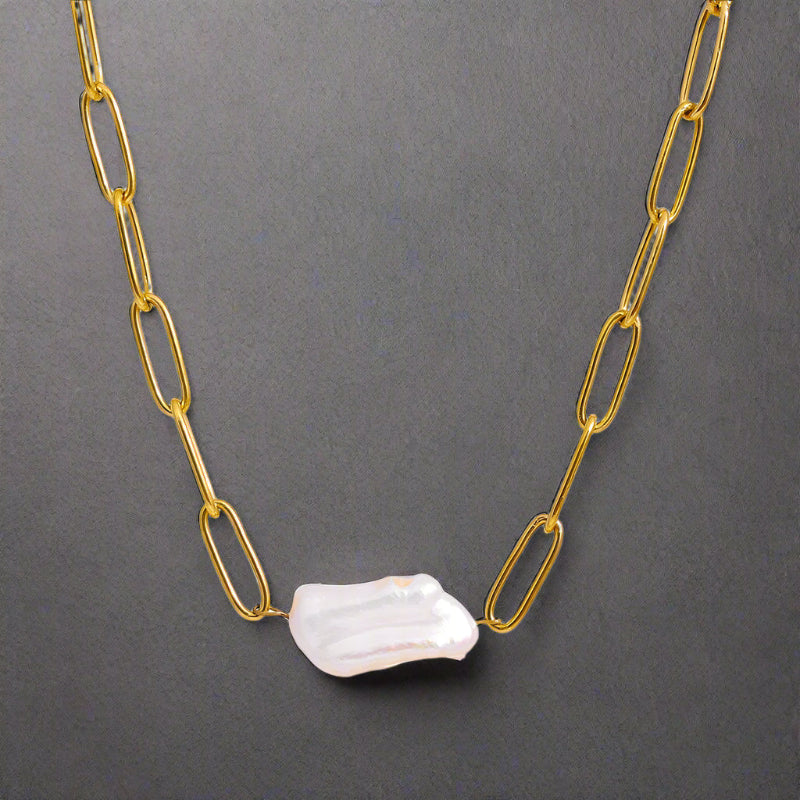 Bold Baroque pearl link necklace-pearl necklace-bold chain necklace-shell jewelry-shell necklace-