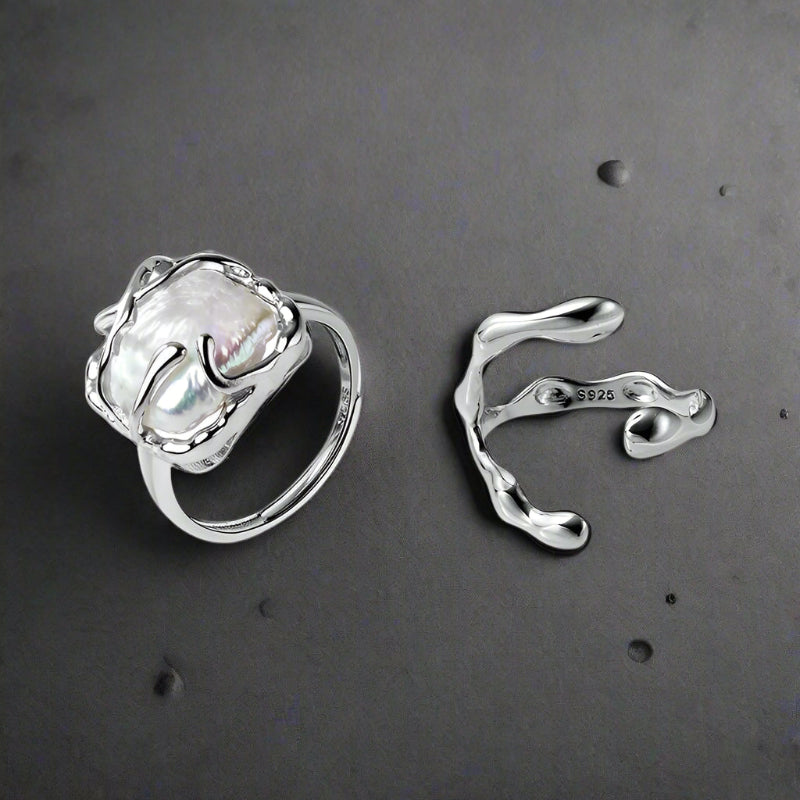 shell ring-silver shell ring-crystal pearl inspered ring-sterling silver pearl ring-shell jewelry