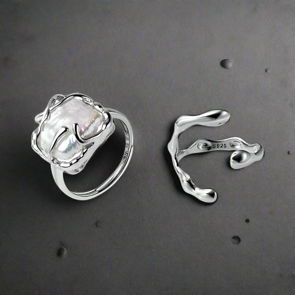 shell ring-silver shell ring-crystal pearl inspered ring-sterling silver pearl ring-shell jewelry