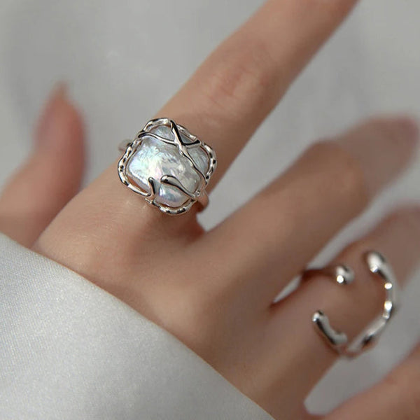 shell ring-silver shell ring-crystal pearl inspered ring-sterling silver pearl ring-shell jewelry