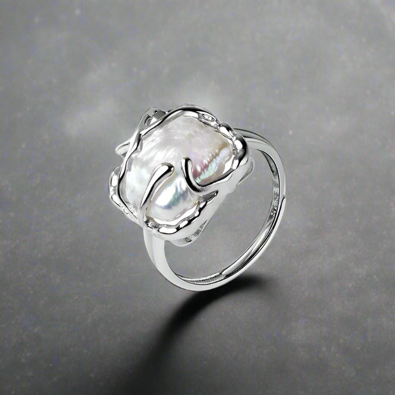 shell ring-silver shell ring-crystal pearl inspered ring-sterling silver pearl ring-shell jewelry