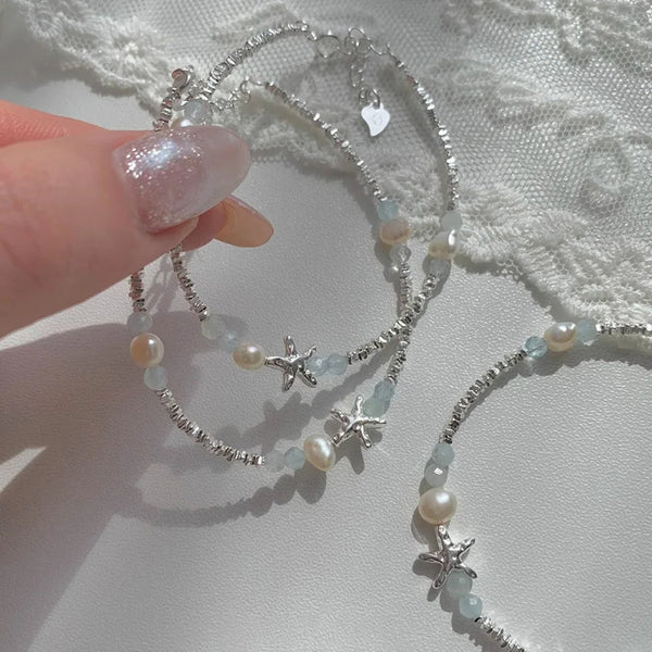 Dainty Pearl & Silver Starfish Bracelet-shell jewelry-boho style-beach outfit-boho chic style-bohemian jewelry-coastal look-beach style