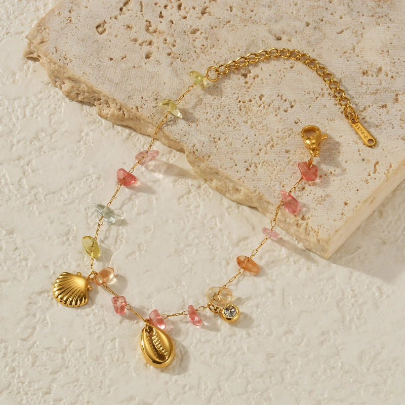 Gold_Cowrie_Shell_Rainbow_Gemstone_Bracelet-shell jewelry-boho style-beach outfit-boho chic style-bohemian jewelry-coastal look-beach style