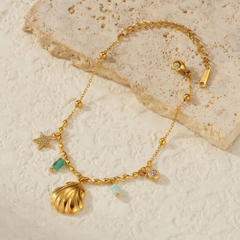 Gold_Cowrie_Shell_Rainbow_Gemstone_Bracelet-shell jewelry-boho style-beach outfit-boho chic style-bohemian jewelry-coastal look-beach style