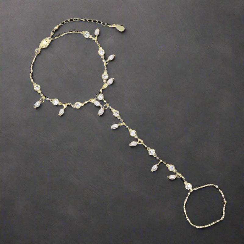Gold_Pearl_Zirconia_Hand_Chain_Bracelet-hand bracelet-shell bracelet-shell jewelry-boho style-beach outfit