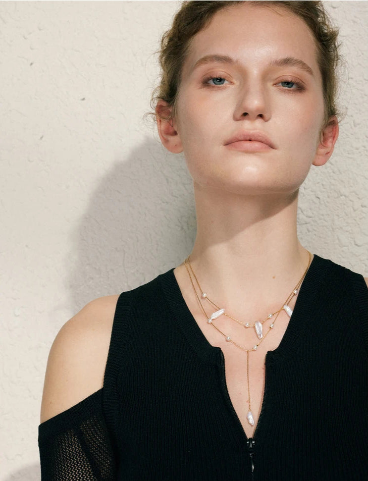 Golden cascade baroque pearl necklace-baroque pearl necklace-pearl necklace-shell necklace-shell jewelry-layered pearl necklace