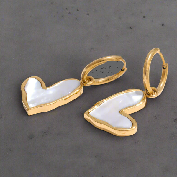 Golden Mother of Pearl Heart Drop Earrings-shell earing-nacre heart earrings-heart earrings-shell jewelry-gold earrings