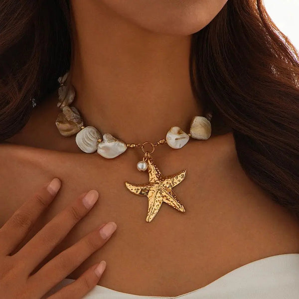 shell jewelry- shell necklace-starfish necklace- golden starfich necklace-golden shell necklace-shell necklace