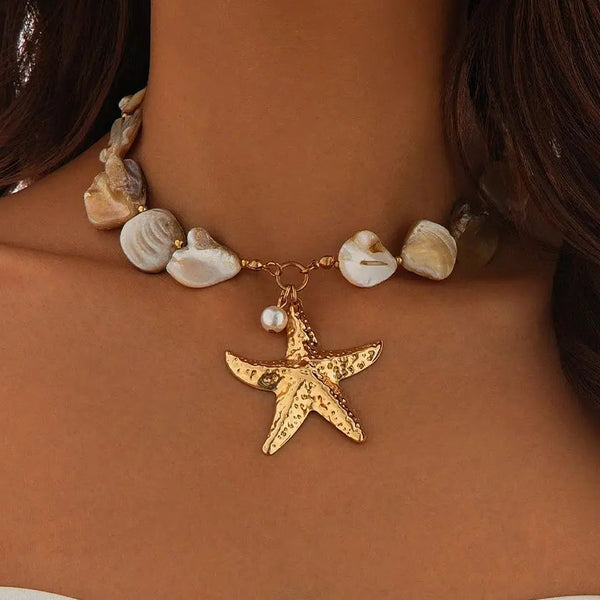 shell jewelry- shell necklace-starfish necklace- golden starfich necklace-golden shell necklace-shell necklace