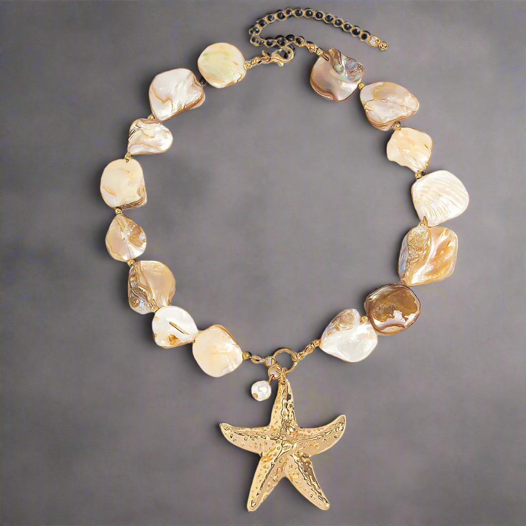 shell jewelry- shell necklace-starfish necklace- golden starfich necklace-golden shell necklace-shell necklace
