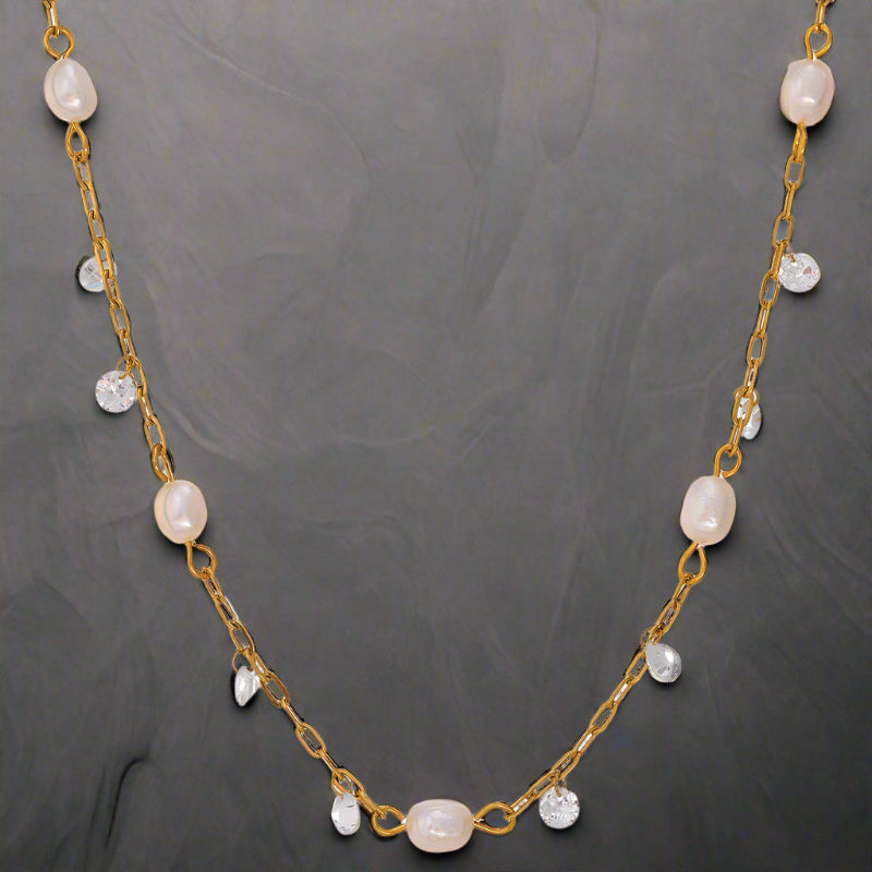 Golden_Tide_Pearl_and_Crystal_Chain_Necklace-chain neclace-pearl chain necklace-shell necklace-shell necklace-shell jewelry
