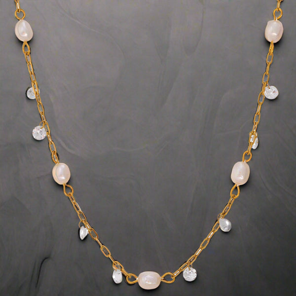 Golden_Tide_Pearl_and_Crystal_Chain_Necklace-chain neclace-pearl chain necklace-shell necklace-shell necklace-shell jewelry