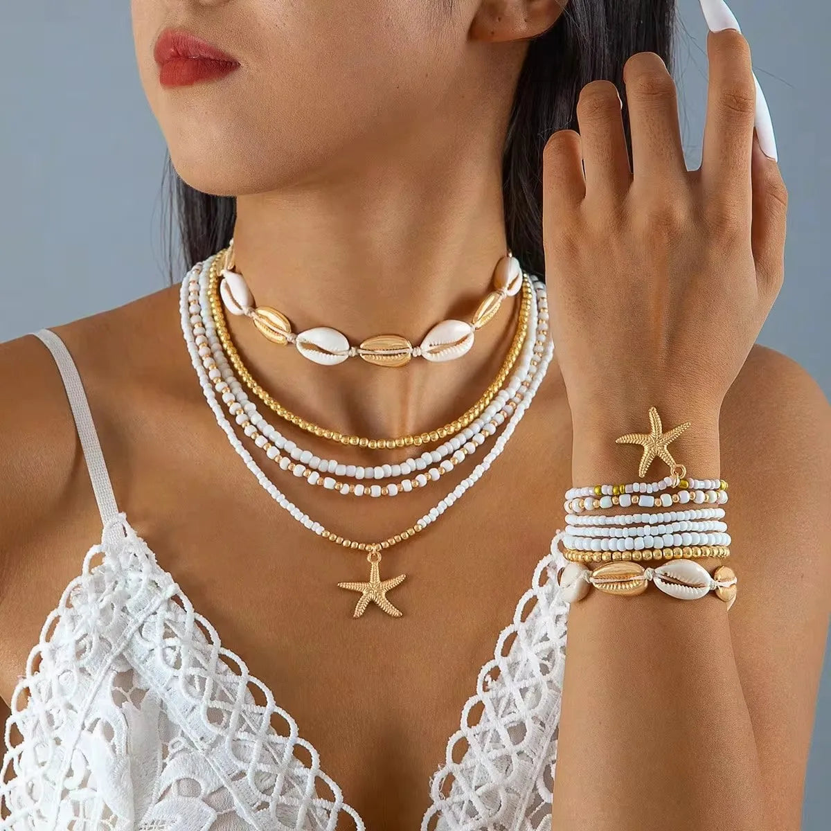 Handmade_Shell_Bracelet_Beaded_Necklace_Set-shell jewelry-boho style-beach outfit-boho chic style-bohemian jewelry-coastal look-beach style