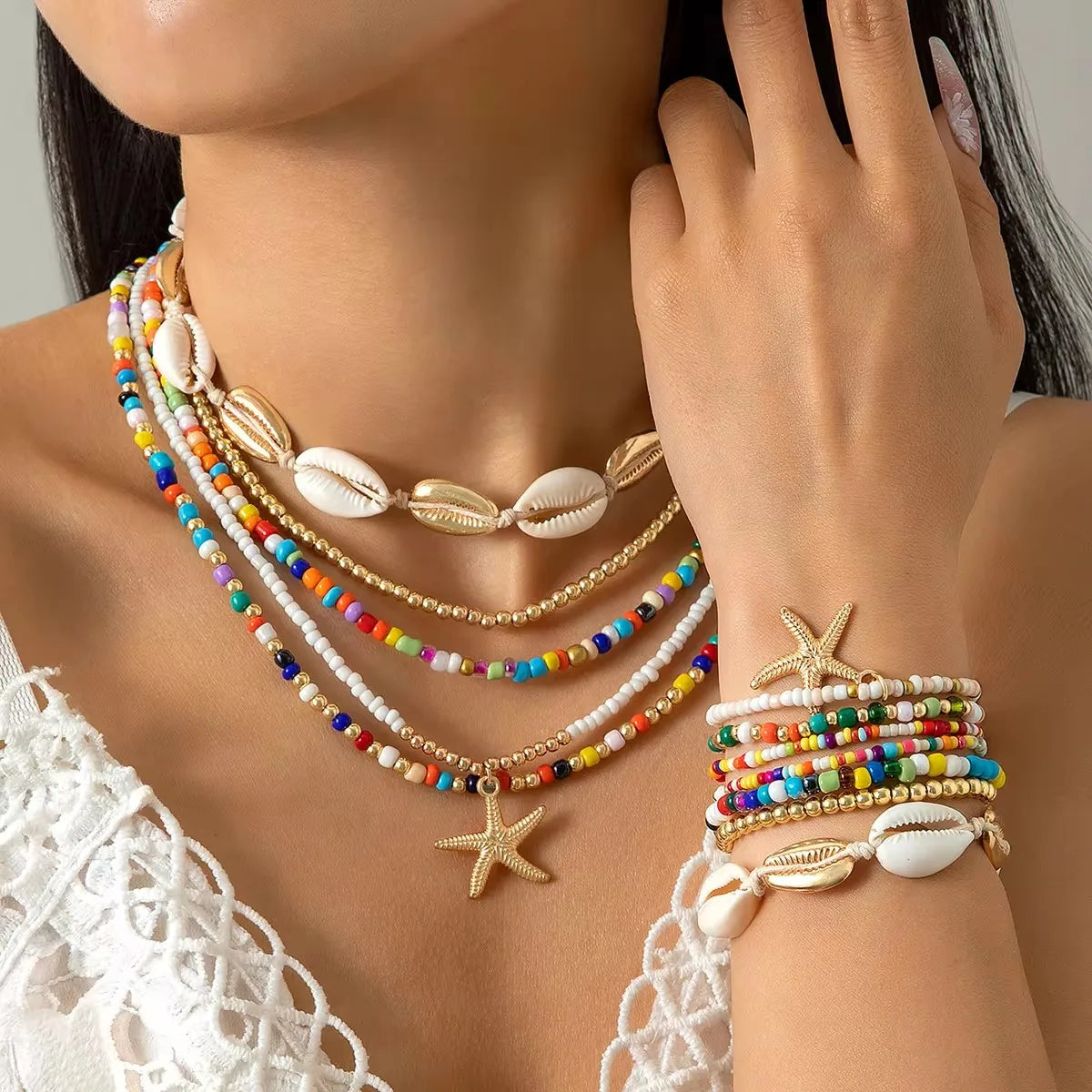 Handmade_Shell_Bracelet_Beaded_Necklace_Set-shell jewelry-boho style-beach outfit-boho chic style-bohemian jewelry-coastal look-beach style