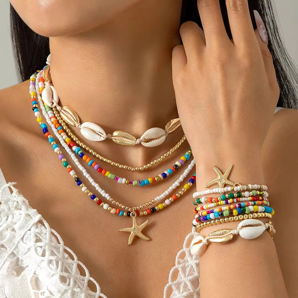 Handmade_Shell_Bracelet_Beaded_Necklace_Set-shell jewelry-boho style-beach outfit-boho chic style-bohemian jewelry-coastal look-beach style