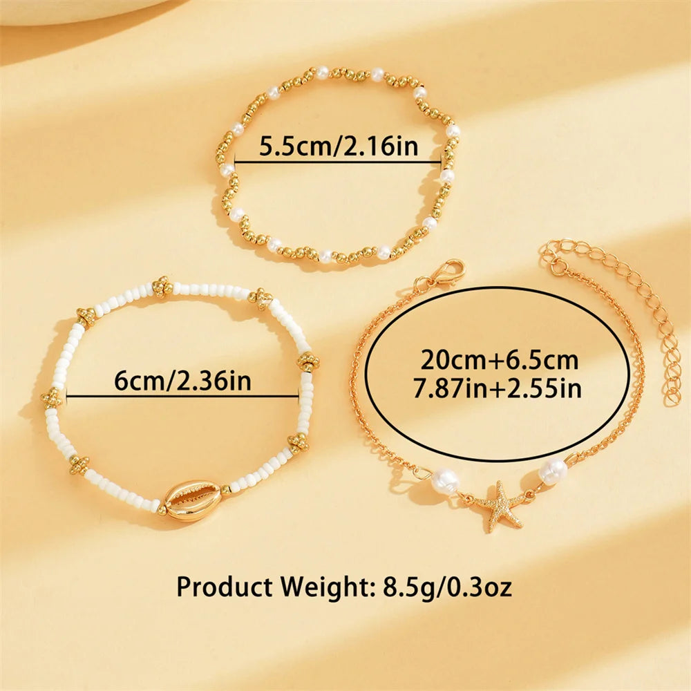Layered Gold Starfish & Cowrie Shell Anklet Trio