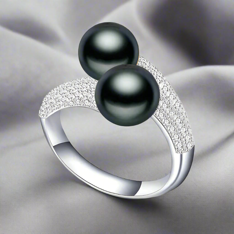 Pearl Ring-chic silver ring-925 sterling silver ring-pearl ring-Duo pearl ing and zirkon