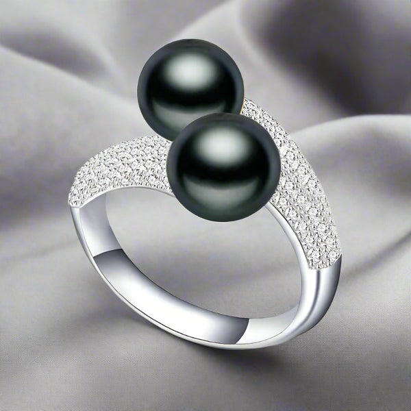 Pearl Ring-chic silver ring-925 sterling silver ring-pearl ring-Duo pearl ing and zirkon