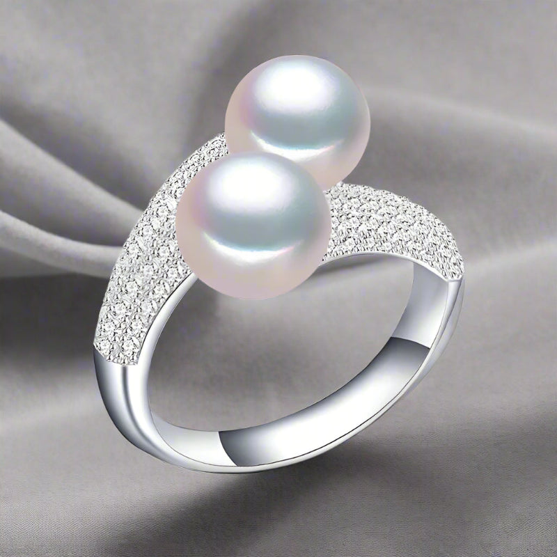 Pearl Ring-chic silver ring-925 sterling silver ring-pearl ring-Duo pearl ing and zirkon