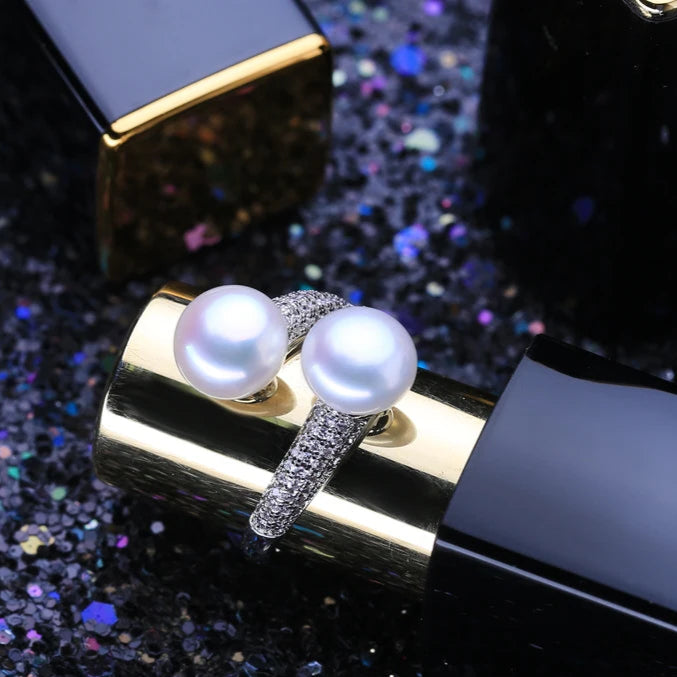 Pearl Ring-chic silver ring-925 sterling silver ring-pearl ring-Duo pearl ing and zirkon