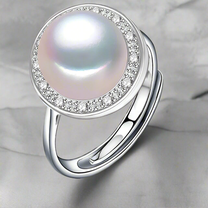 Pearl Ring-chic silver ring-925 sterling silver ring-pearl ring-zircon halo pearl ring