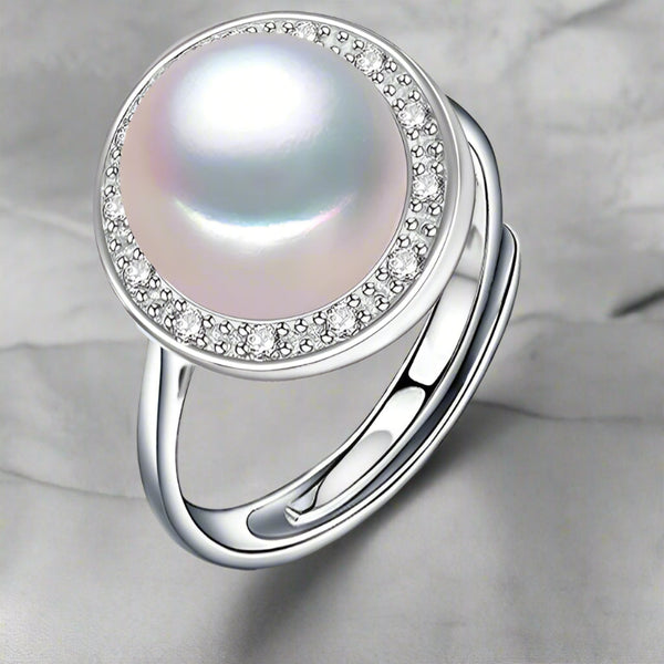 Pearl Ring-chic silver ring-925 sterling silver ring-pearl ring-zircon halo pearl ring