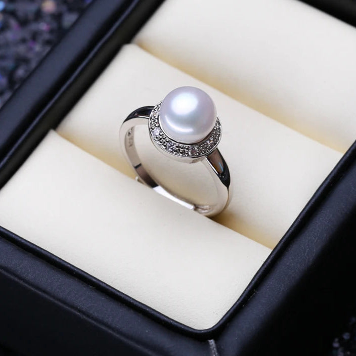 Pearl Ring-chic silver ring-925 sterling silver ring-pearl ring-zircon halo pearl ring