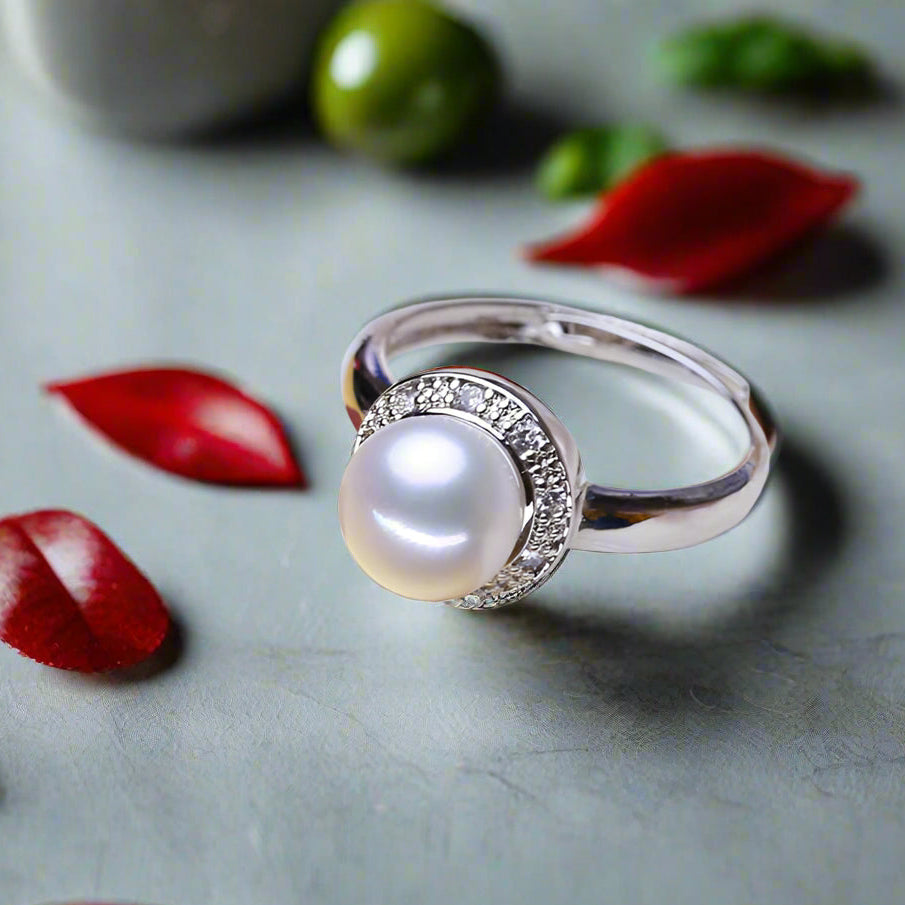 Pearl Ring-chic silver ring-925 sterling silver ring-pearl ring-zircon halo pearl ring