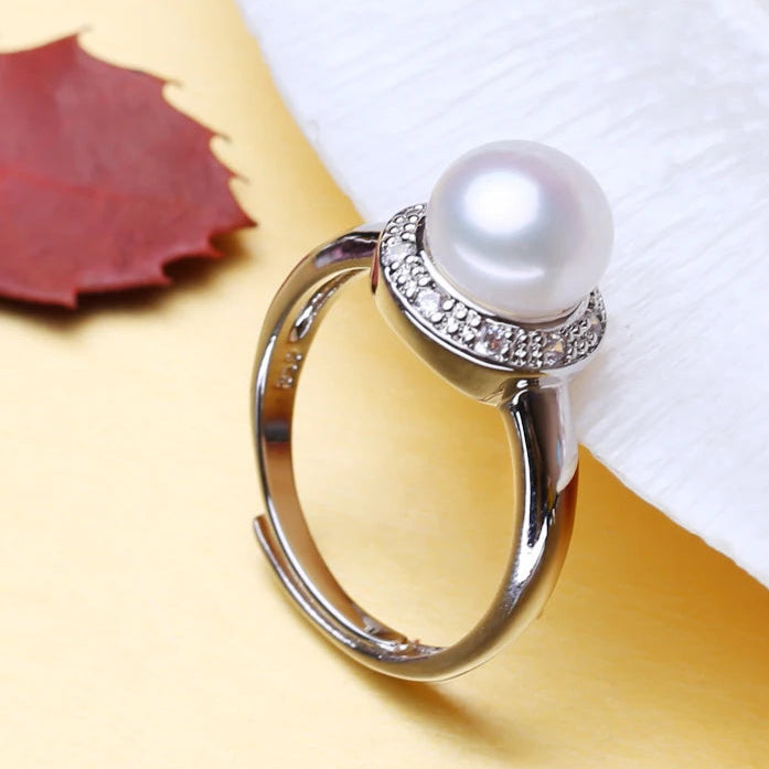 Pearl Ring-chic silver ring-925 sterling silver ring-pearl ring-zircon halo pearl ring