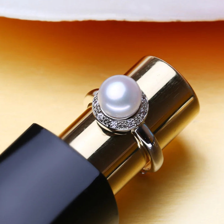 Pearl Ring-chic silver ring-925 sterling silver ring-pearl ring-zircon halo pearl ring