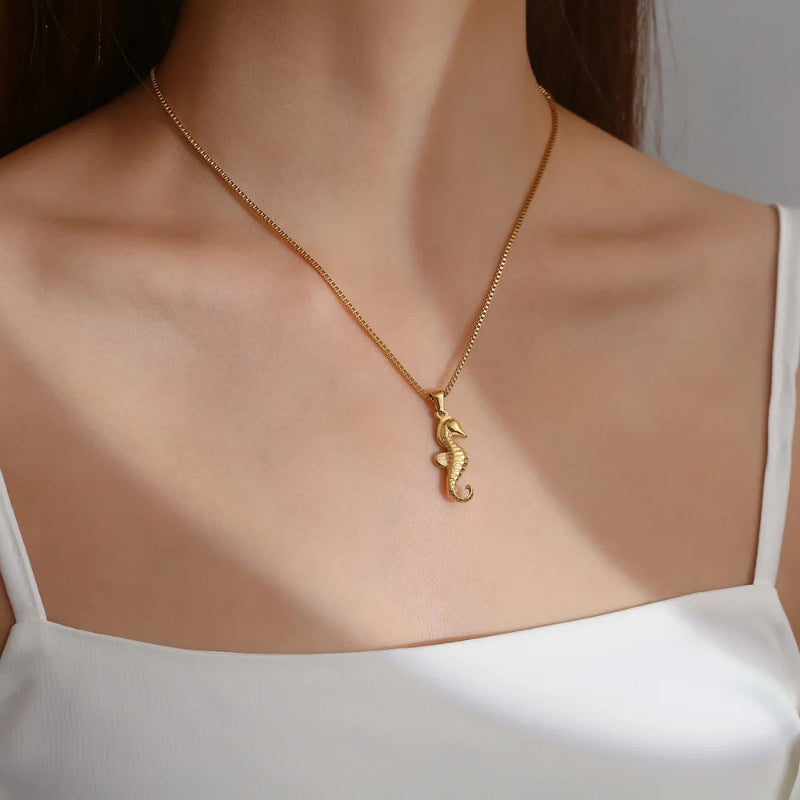 seahorse necklace-shell jewelry-silver necklace-golden necklace- ocean style necklace
