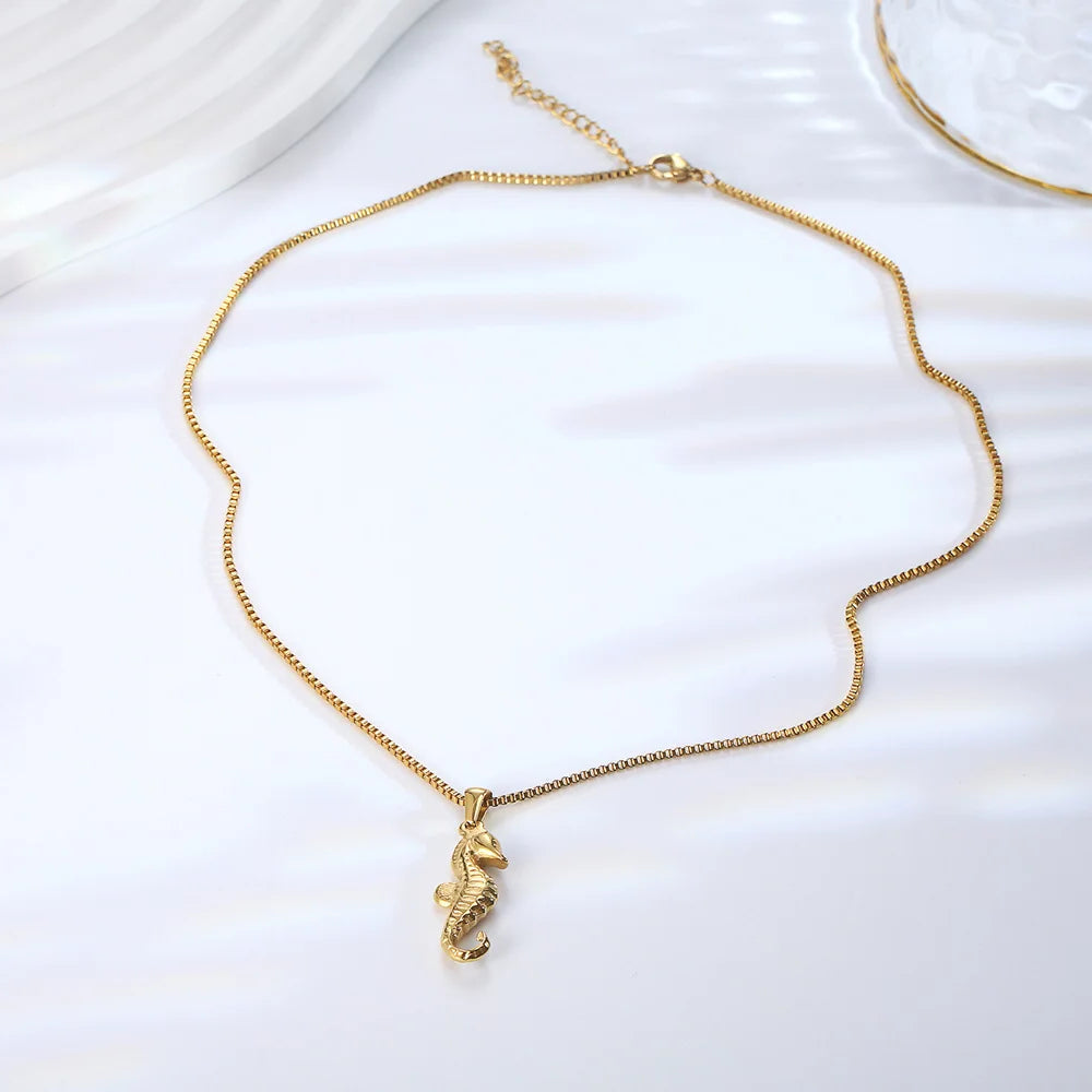 seahorse necklace-shell jewelry-silver necklace-golden necklace- ocean style necklace