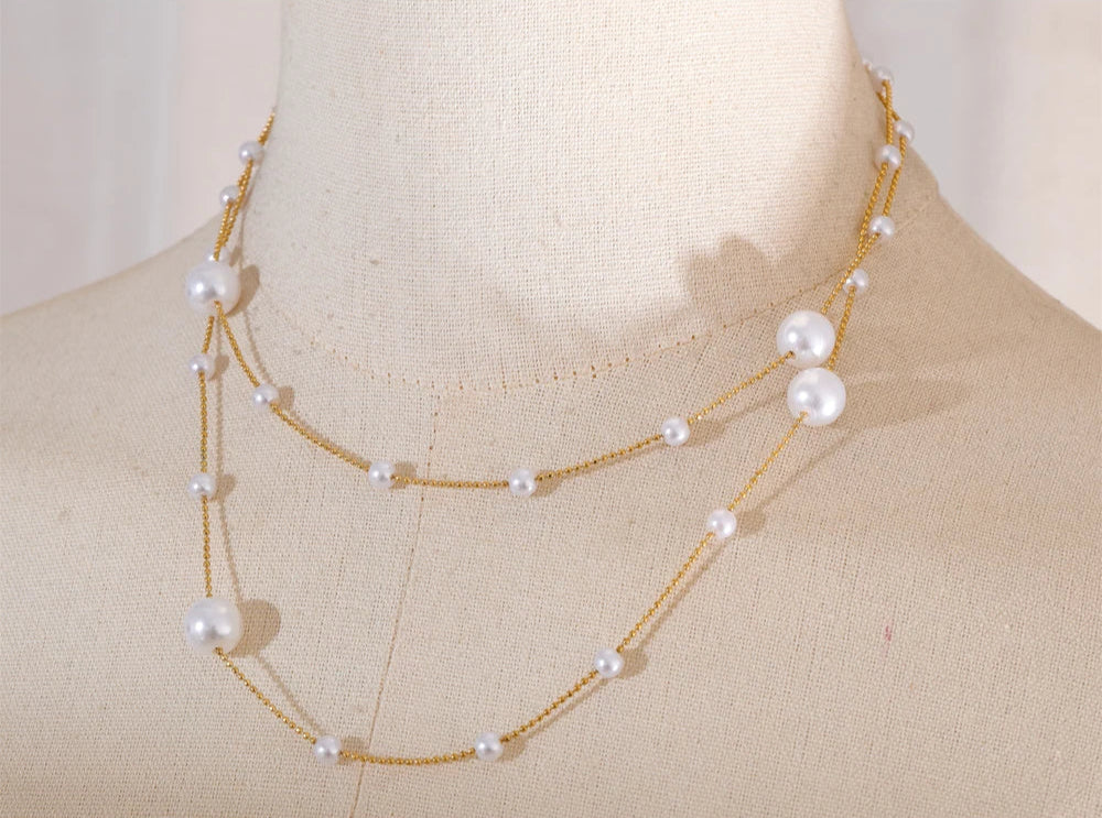 Ocean Whisper Double-Layer Pearl Necklace-layered pearl chain necklace-shellnecklace-shell jewelry-gold necklace-