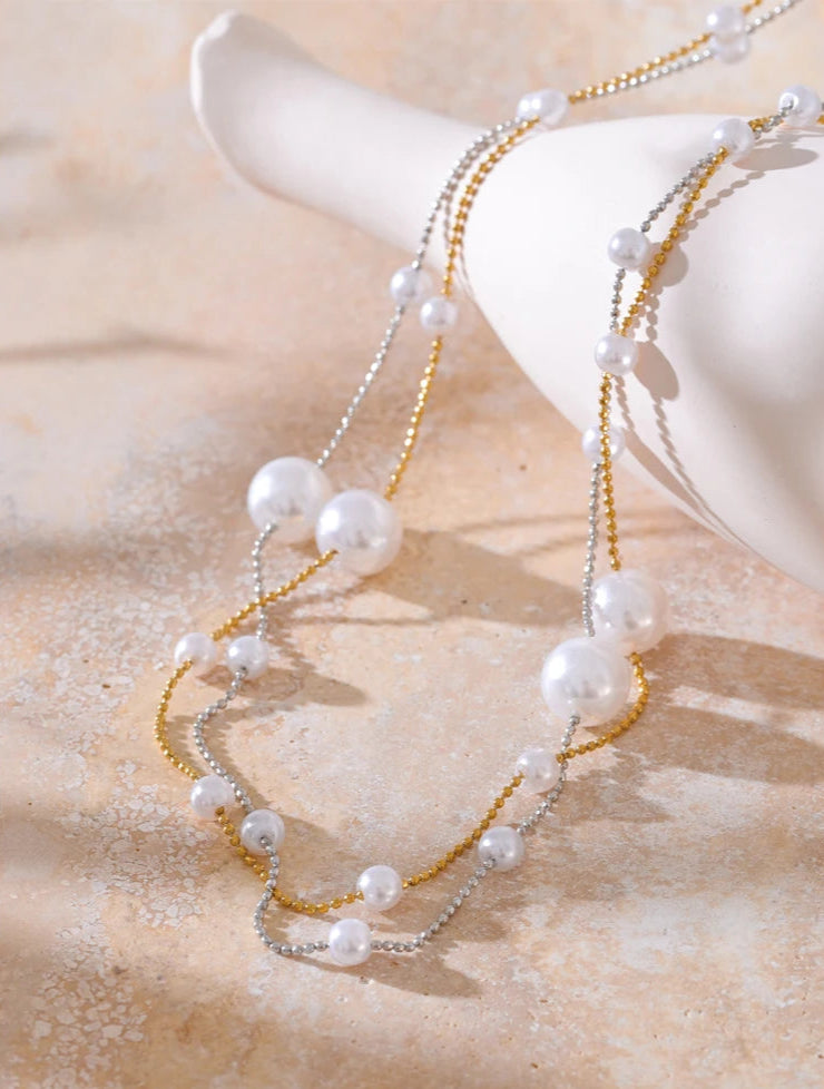 Ocean Whisper Double-Layer Pearl Necklace-layered pearl chain necklace-shellnecklace-shell jewelry-gold necklace-