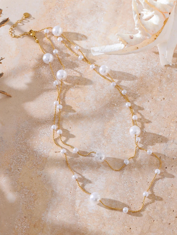 Ocean Whisper Double-Layer Pearl Necklace-layered pearl chain necklace-shellnecklace-shell jewelry-gold necklace-