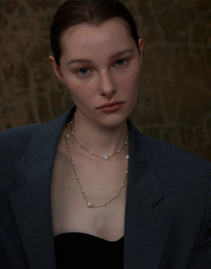 Ocean Whisper Double-Layer Pearl Necklace-layered pearl chain necklace-shellnecklace-shell jewelry-gold necklace-