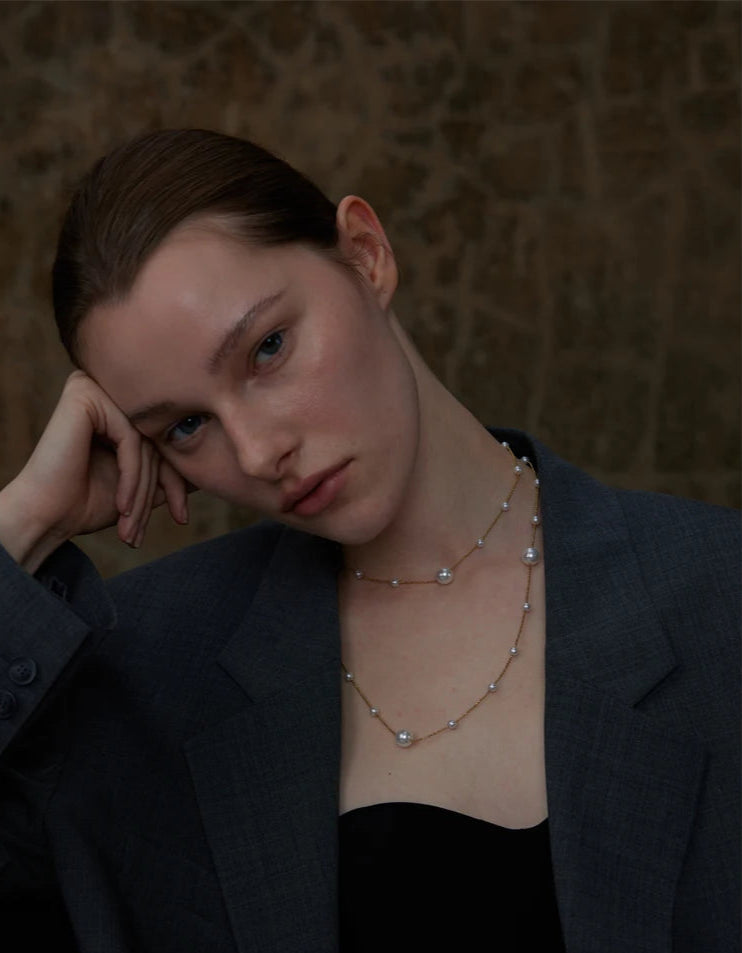 Ocean Whisper Double-Layer Pearl Necklace-layered pearl chain necklace-shellnecklace-shell jewelry-gold necklace-