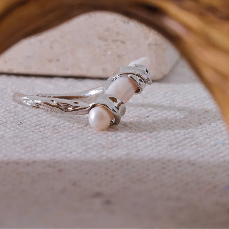 Oceanâs Whisper Ring-stunning Silver Wrapped Pearl Ring- beach style silver ring-bohemian silver ring-chic silver ring